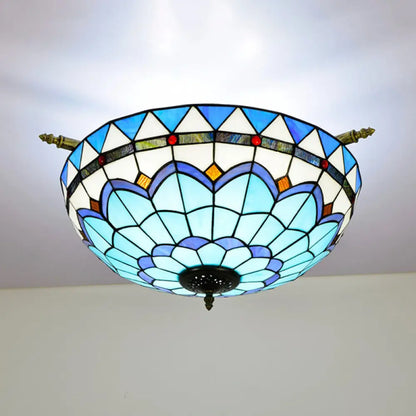 Handcrafted Baroque Dome Semi Flush Mount Ceiling Lamp with 5 Stained Glass Bulbs in White/Blue – 21.5"/25.5" W