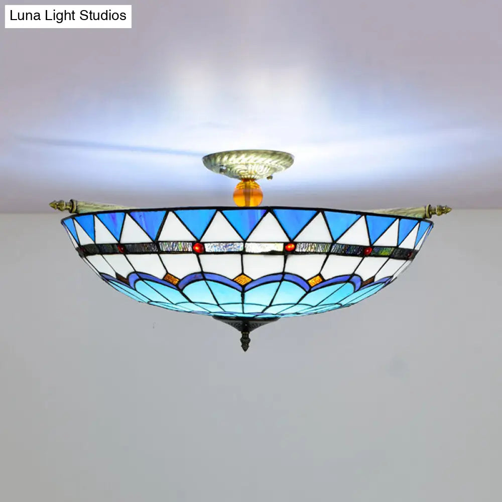 Handcrafted Baroque Dome Semi Flush Mount Ceiling Lamp with 5 Stained Glass Bulbs in White/Blue – 21.5"/25.5" W