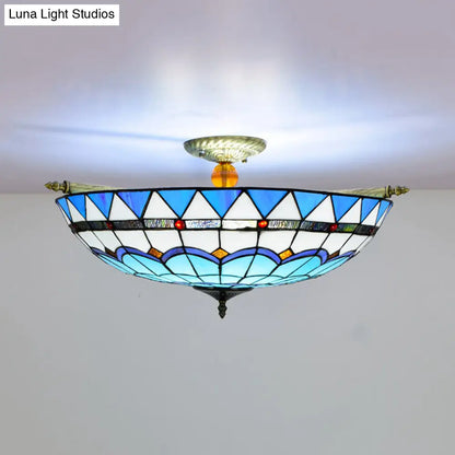 Handcrafted Baroque Dome Semi Flush Mount Ceiling Lamp with 5 Stained Glass Bulbs in White/Blue – 21.5"/25.5" W