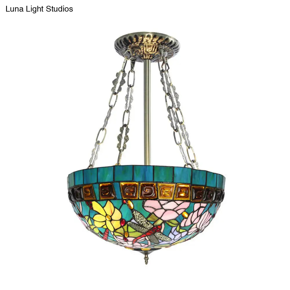 DecorBites™ DecorBites™ Handcrafted Blue Dragonfly Tiffany Ceiling Mount - 3 Heads Semi Flush Art Glass Light