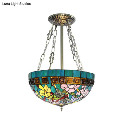 DecorBites™ DecorBites™ Handcrafted Blue Dragonfly Tiffany Ceiling Mount - 3 Heads Semi Flush Art Glass Light