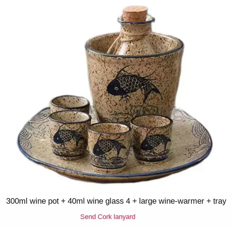 Handcrafted beige speckled ceramic wine set with black fish decals includes 300ml pot and four 40ml glasses on tray