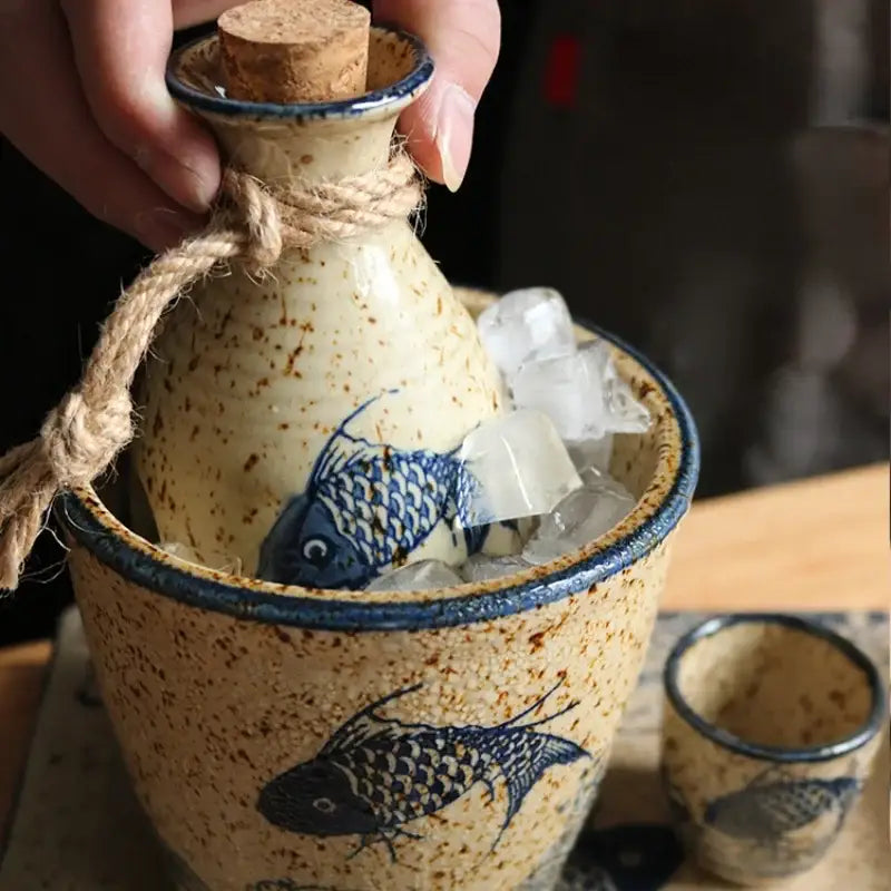Handcrafted ceramic wine set with blue fish design on speckled beige ceramic bottle with cork stopper and twine tie