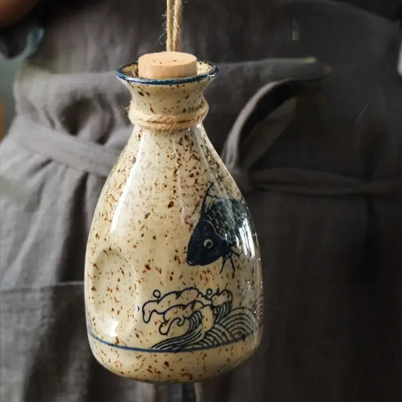 Handcrafted ceramic wine set featuring a speckled cream bottle with blue fish design sealed with twine and wooden cork