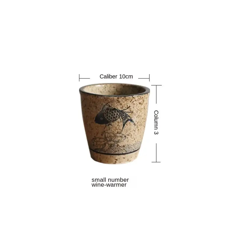Handcrafted speckled beige ceramic wine set with blue fish and lotus design for elegant dining room use