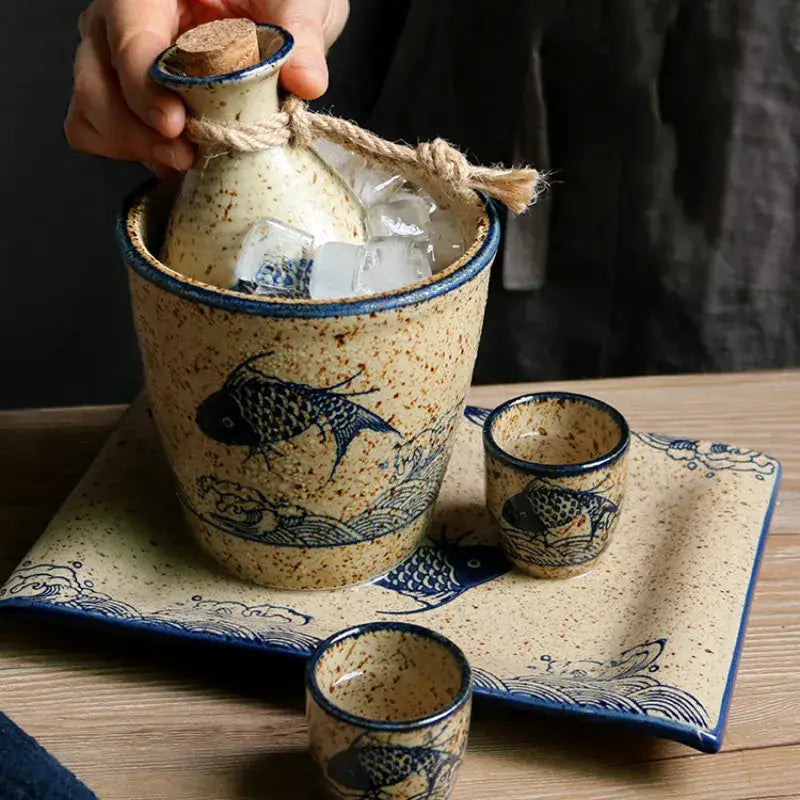 Handcrafted ceramic wine set with speckled beige body and blue fish wave patterns including matching cups and ice vessel