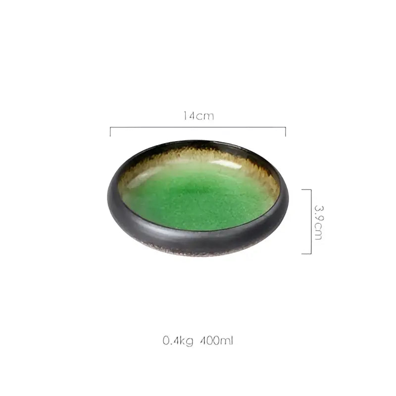 A sleek ceramic sushi plate with a vibrant green interior and dark textured rim for elegant dining use