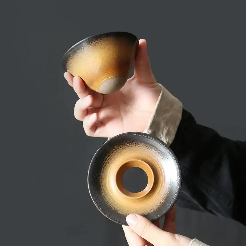 Handcrafted brown and amber ceramic latte coffee cup and saucer with gradient glaze and glossy finish for dining room use