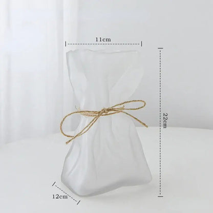 A translucent white frosted glass clear glass folded road vase with natural twine bow for living room decorbites clear glass decor