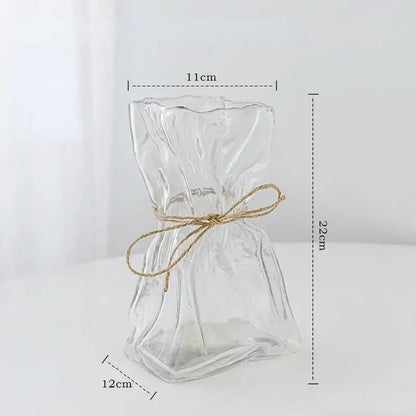 Handcrafted clear glass folded road vase with crinkled design and twine bow for living room decorbites clear glass decor