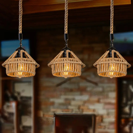 Handcrafted Cottage Brown Multi-Pendant Light Fixture with Rope Detail - Round/Linear Canopy (3/6 Lights)