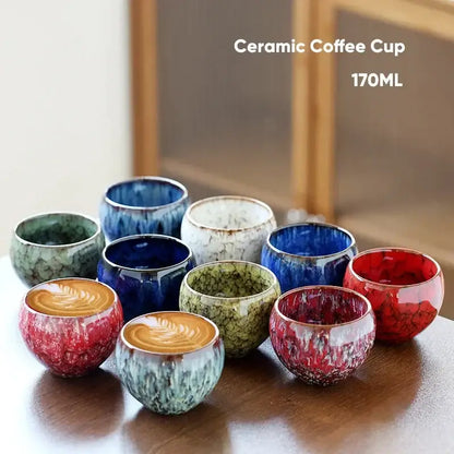 Handcrafted crackle glaze ceramic coffee cups in vibrant reds blues and greens ideal for dining room drinkware