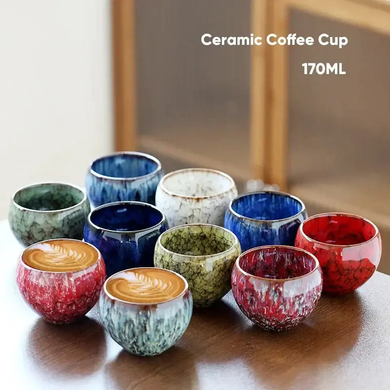 Handcrafted crackle glaze ceramic coffee cups in vibrant reds blues and greens ideal for dining room drinkware