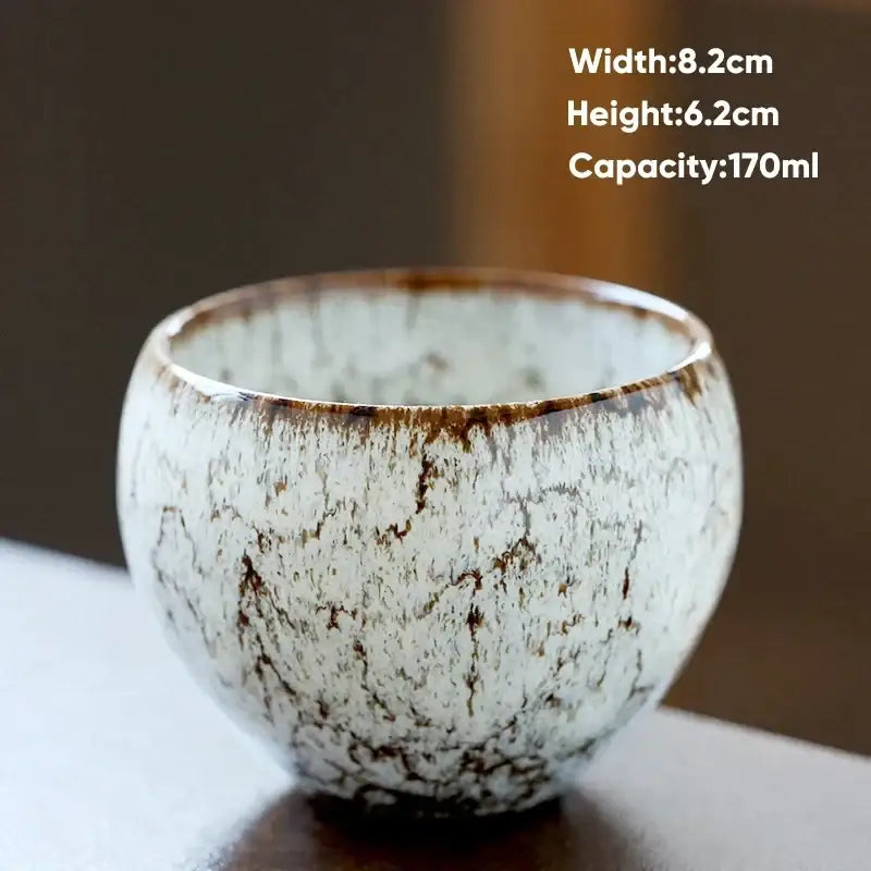 Handcrafted crackle glaze ceramic coffee cup in white with brown rustic texture for dining room drinkware use