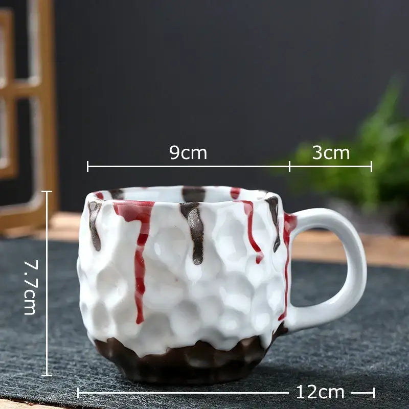 Handcrafted white ceramic hammer pattern porcelain mugs set of 2 with textured surface and red brown decorative drips