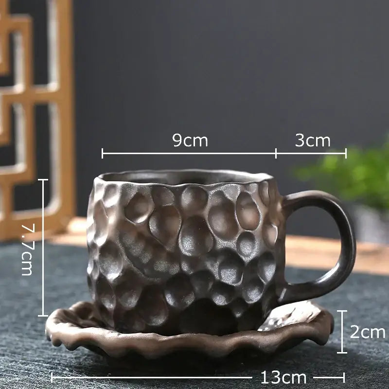 Dark gray handcrafted hammer pattern porcelain mug with textured surface and matching saucer kitchen set of 2