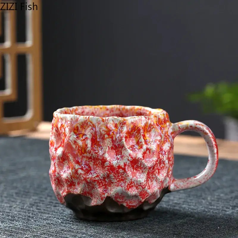 Handcrafted earthy hammer pattern porcelain mug with textured swirling red and white glaze finish set of 2