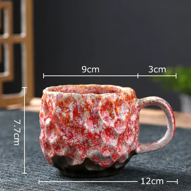 Handcrafted earthy hammer pattern porcelain mug with textured swirling red and white glaze finish set of 2