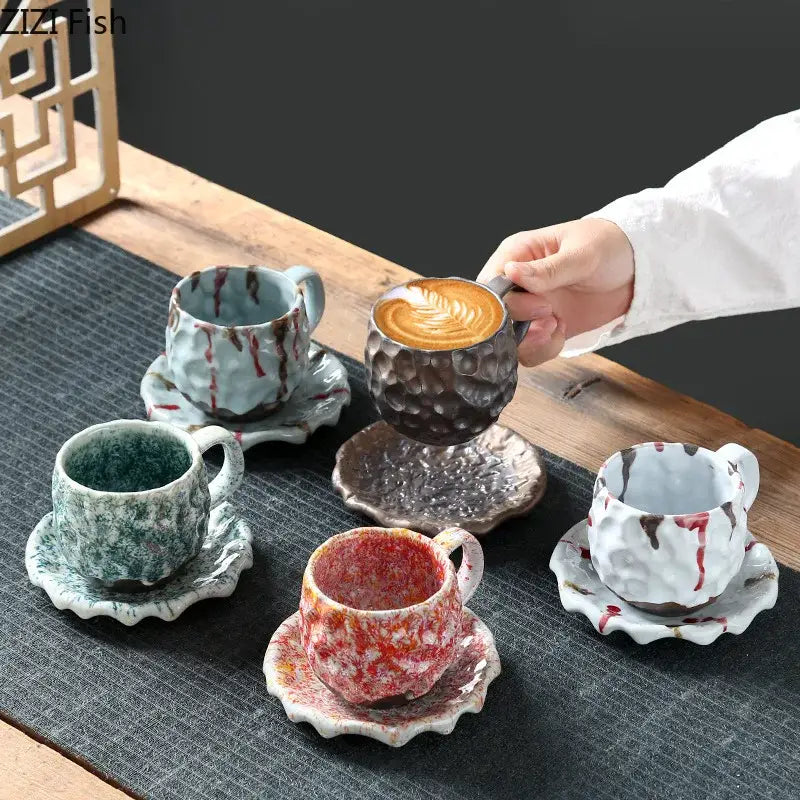Handcrafted earthy hammer pattern porcelain mugs set of 2 with textured glazed surfaces and splattered paint accents