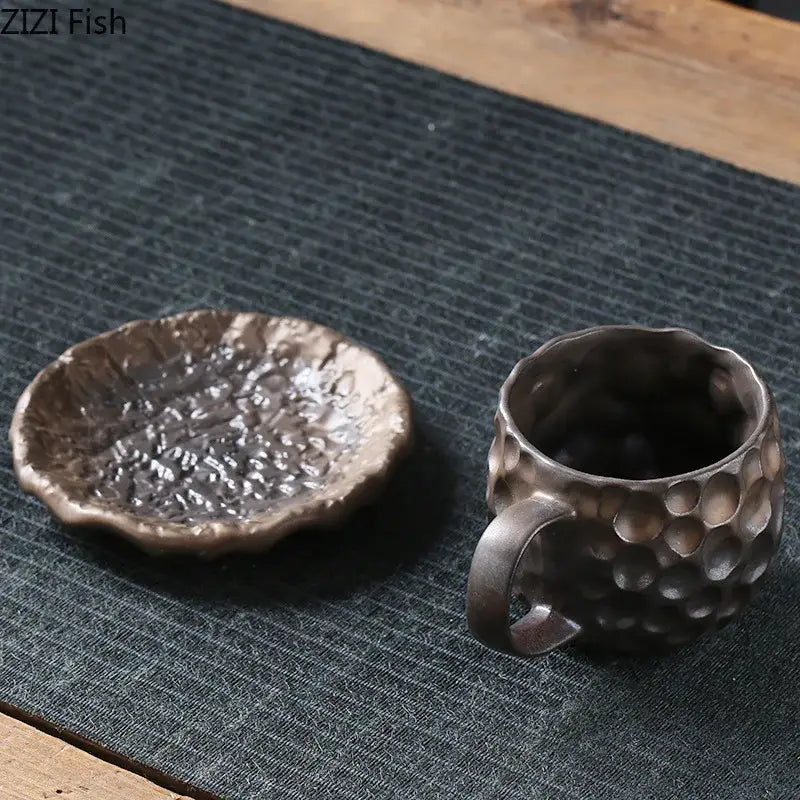 Handcrafted hammered silver-toned cup with honeycomb texture and sturdy handle in hammer pattern porcelain mugs set of 2
