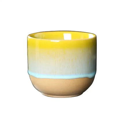 Handcrafted ceramic kung fu tea cup with glossy yellow to blue gradient glaze for decorbites ceramic kung tea set