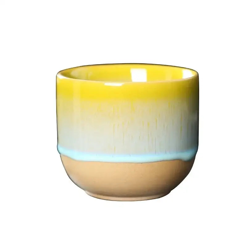Handcrafted ceramic kung fu tea cup with glossy yellow to blue gradient glaze for decorbites ceramic kung tea set