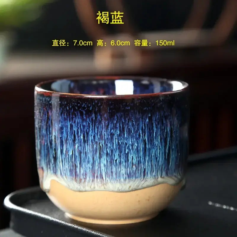 Handcrafted ceramic kung fu tea cup with gradient blue glaze and rustic beige base from decorbites ceramic kung set