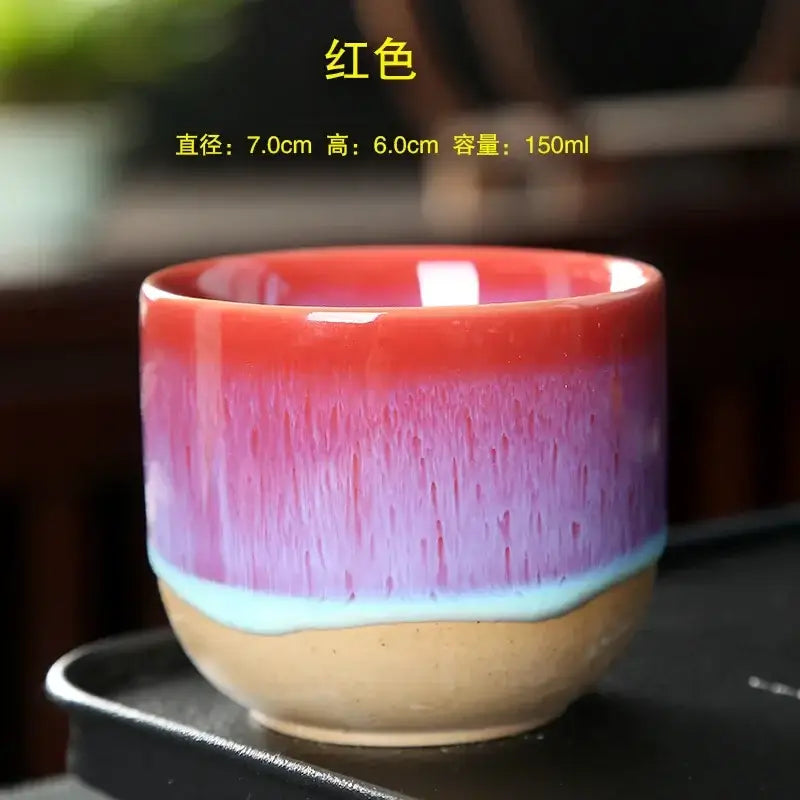 Handcrafted ceramic kung fu tea cup with vibrant red to blue gradient glaze and earthy beige base for decorbites tea cup set