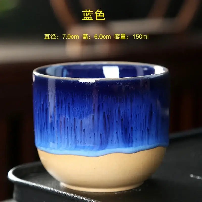 Handcrafted decorbites ceramic kung fu tea cup with gradient blue glaze from navy to beige for elegant tea drinking