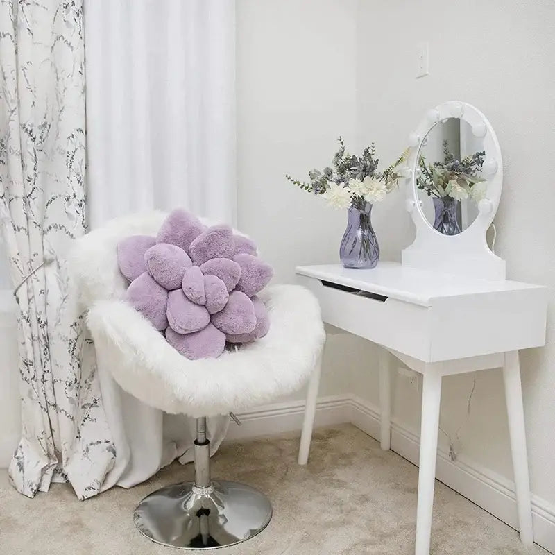 A plush lavender throw pillow shaped like a succulent cactus flower with soft fuzzy texture for bedroom decorbites decor