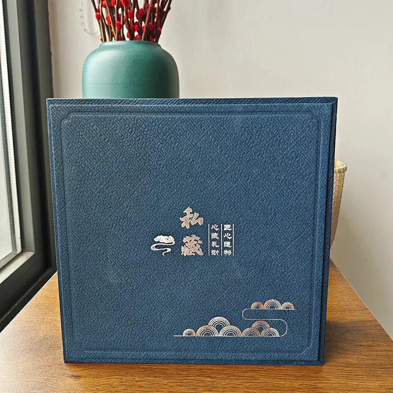 Deep blue textured gift box with gold foil embossed chinese characters for decorbites ceramic cups set