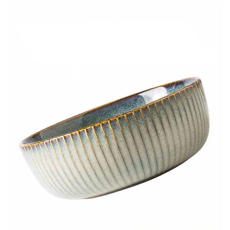 Handcrafted decorbites ceramic dessert plate with vertical ridges and gradient glaze in sage and cream colors