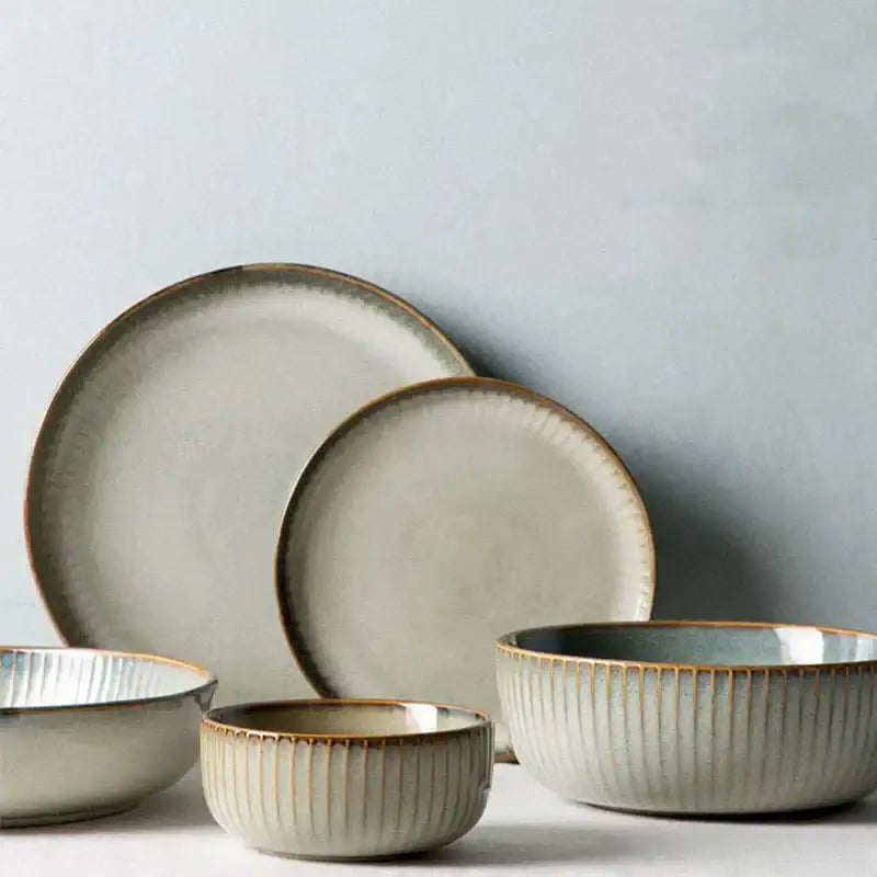 Handcrafted ridge sage and cream ceramic dessert plate with matte gray glaze and subtle brown rim by decorbites ceramic
