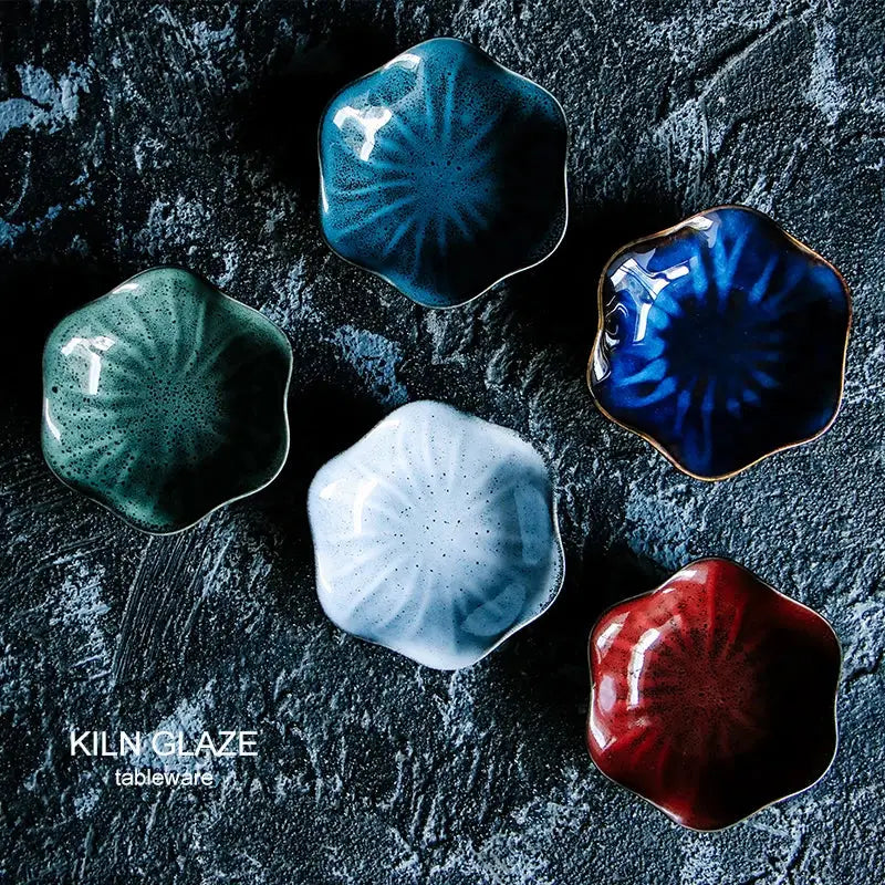 Set of five decorbites ceramic japanese style scalloped dipping bowls with glossy teal blue white red glaze and gold trim