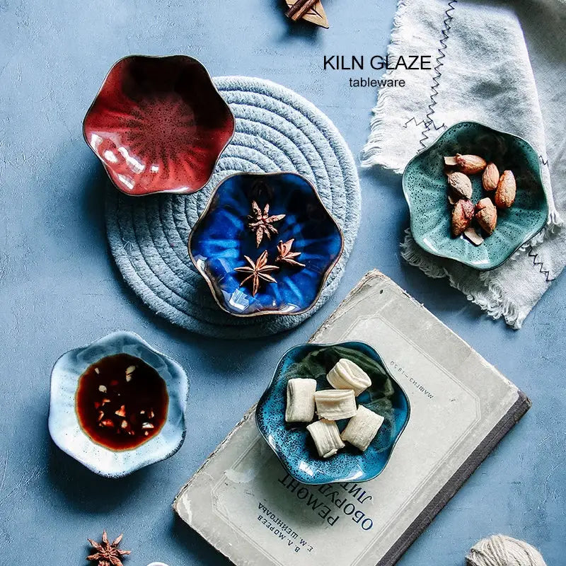 Handcrafted scalloped ceramic japanese style dipping bowls in vibrant red blue and teal glazed by decorbites ceramic