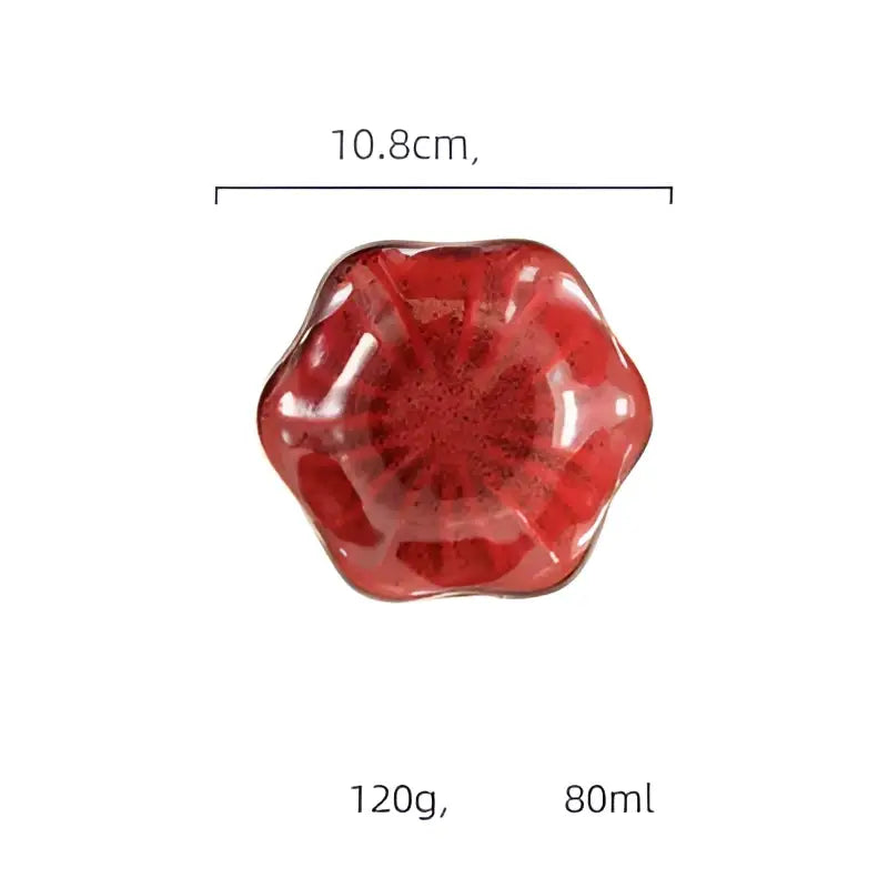 Glossy deep red handcrafted scalloped ceramic japanese style dipping bowl with subtle speckled texture by decorbites ceramic