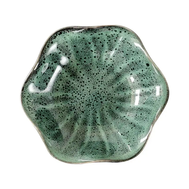 Handcrafted scalloped decorbites ceramic japanese style seafoam green hexagonal dipping bowl with speckled glaze