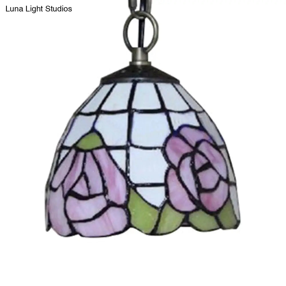 Handcrafted Tiffany Art Glass Ceiling Light - Pink-White/Green Design with Adjustable Chain