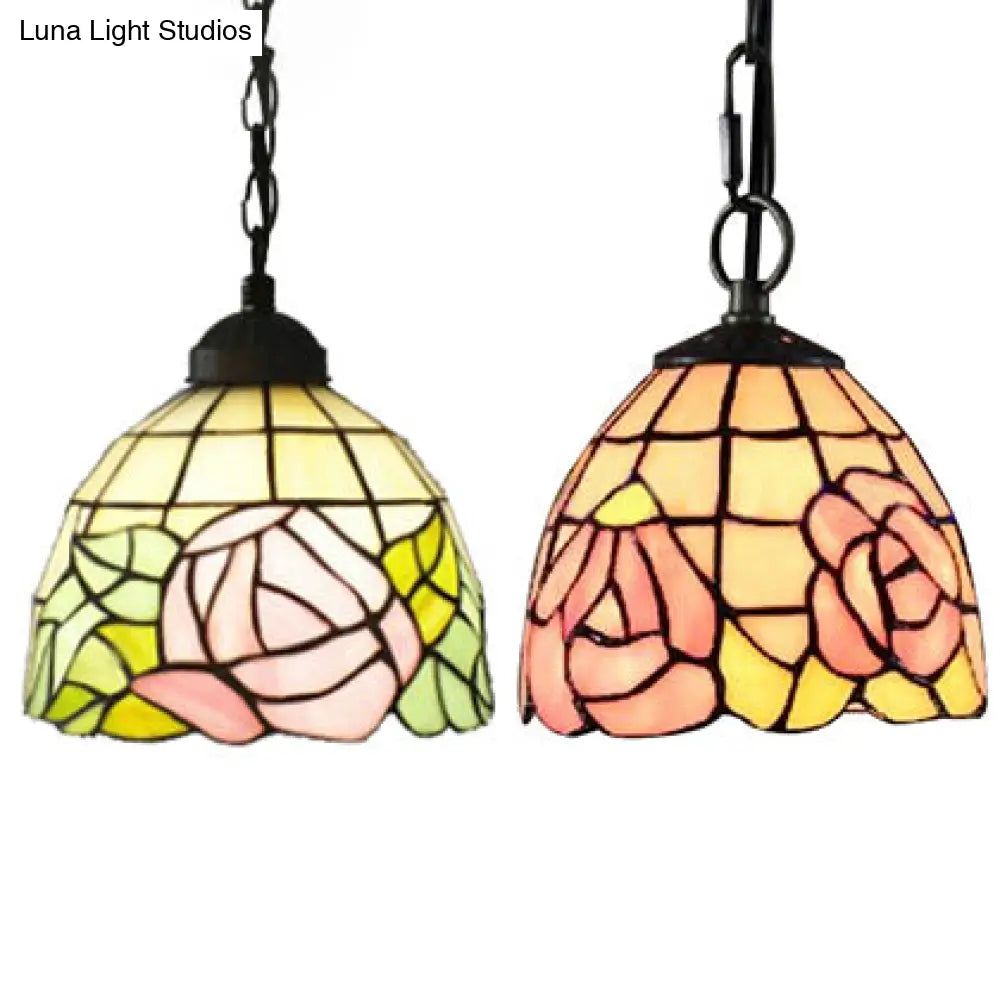 Handcrafted Tiffany Art Glass Ceiling Light - Pink-White/Green Design with Adjustable Chain