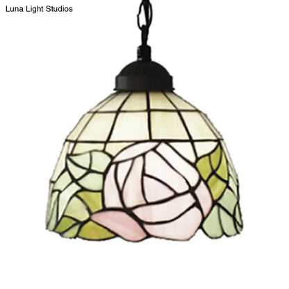 Handcrafted Tiffany Art Glass Ceiling Light - Pink-White/Green Design with Adjustable Chain