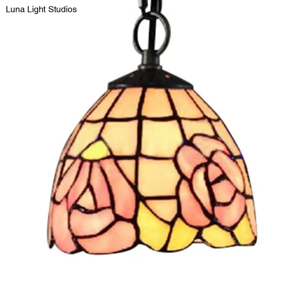 Handcrafted Tiffany Art Glass Ceiling Light - Pink-White/Green Design with Adjustable Chain