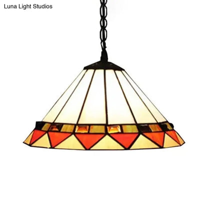 Handcrafted Tiffany-Style 2-Headed Suspension Lamp with Fish Tail, Gem, and Triangle Art Glass in Beige