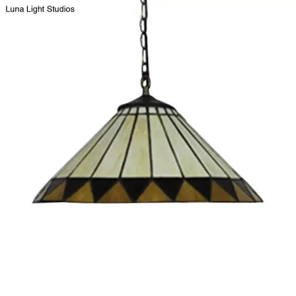 Handcrafted Tiffany-Style 2-Headed Suspension Lamp with Fish Tail, Gem, and Triangle Art Glass in Beige