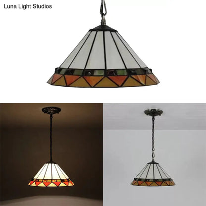 Handcrafted Tiffany-Style 2-Headed Suspension Lamp with Fish Tail, Gem, and Triangle Art Glass in Beige