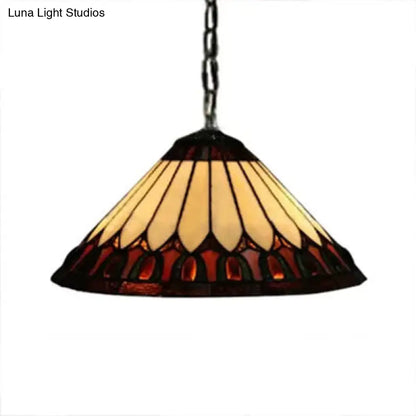 Handcrafted Tiffany-Style 2-Headed Suspension Lamp with Fish Tail, Gem, and Triangle Art Glass in Beige