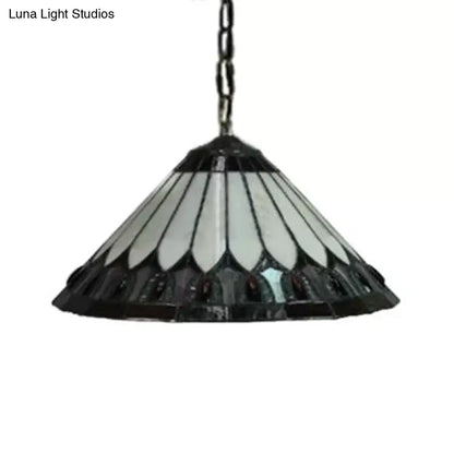 Handcrafted Tiffany-Style 2-Headed Suspension Lamp with Fish Tail, Gem, and Triangle Art Glass in Beige