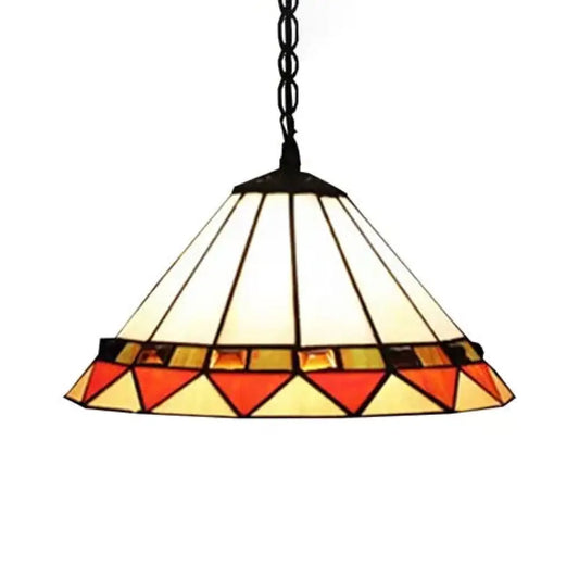 Handcrafted Tiffany-Style 2-Headed Suspension Lamp with Fish Tail, Gem, and Triangle Art Glass in Beige