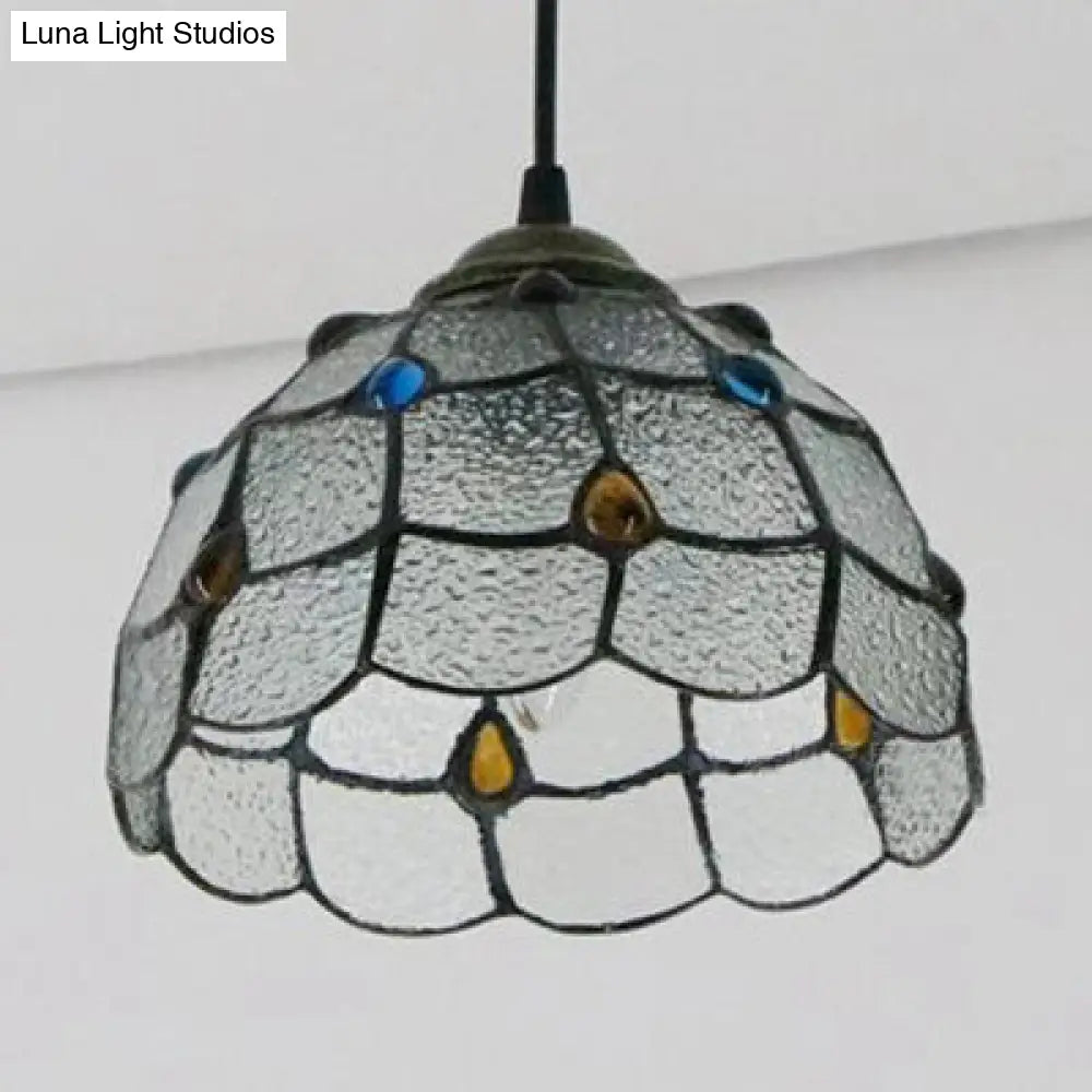 Handcrafted Tiffany-Style Art Glass Ceiling Light with White/Blue Textured Flare Design - 1 Head Suspended Fixture