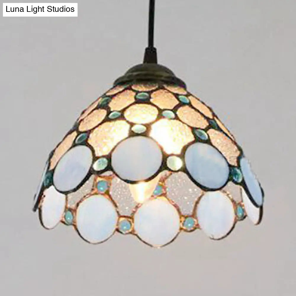 Handcrafted Tiffany-Style Art Glass Ceiling Light with White/Blue Textured Flare Design - 1 Head Suspended Fixture