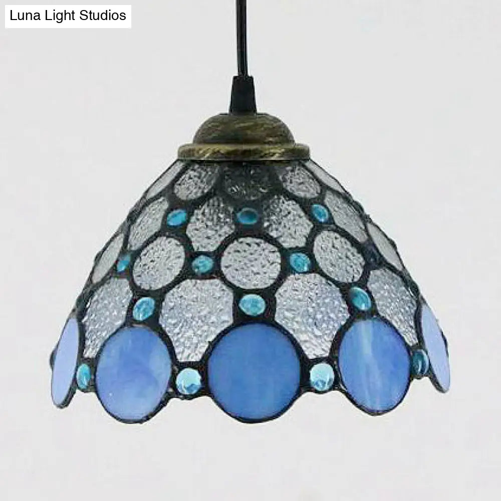 Handcrafted Tiffany-Style Art Glass Ceiling Light with White/Blue Textured Flare Design - 1 Head Suspended Fixture